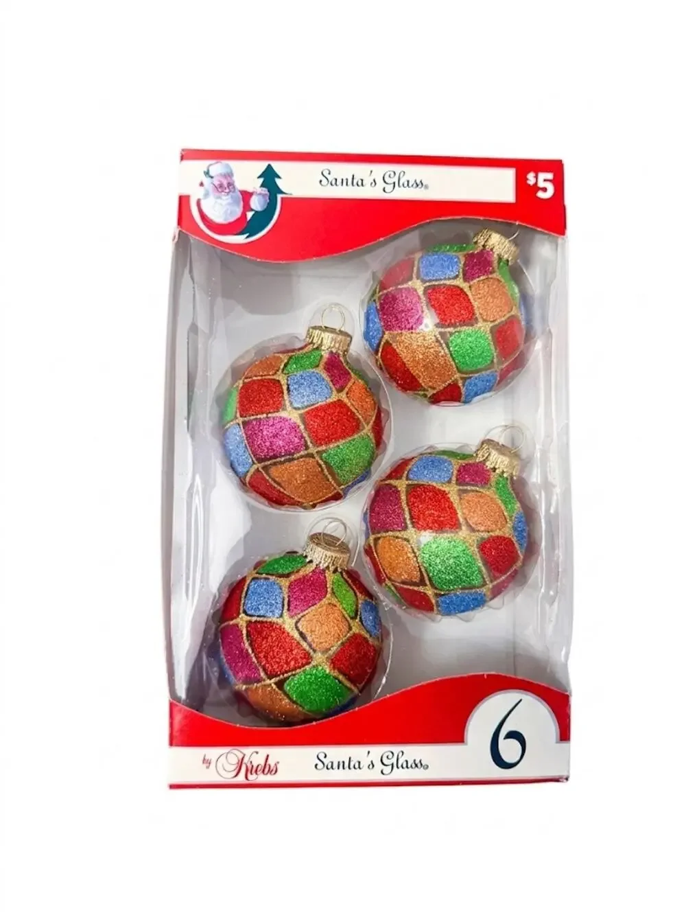Vintage Santa's Glass by Krebs Stained Glass Glitter Ornaments Set of 4 USA Made